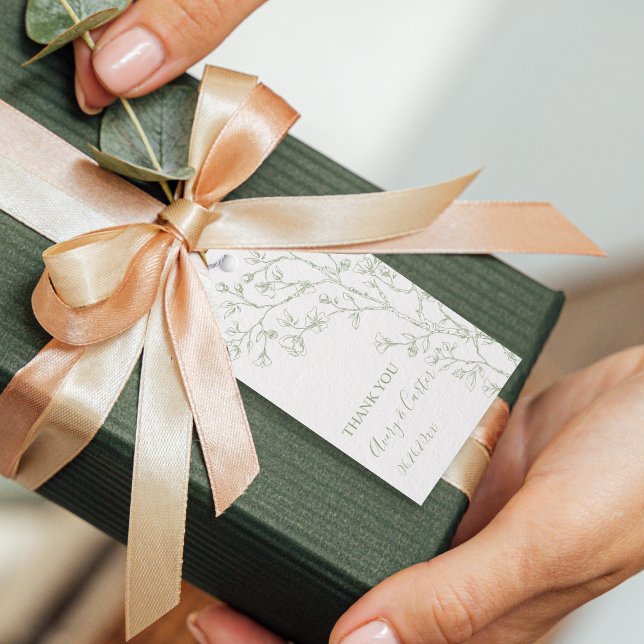 Étiquettes-cadeau Branche avec fleurs vert sauge mariage monochrome (Créateur téléchargé)
