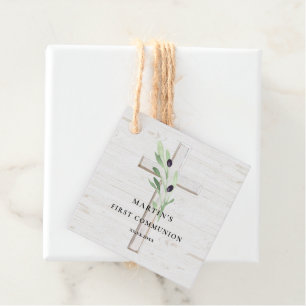 Étiquettes Cadeau Branche d'olive bois blanc Croix Première communio
