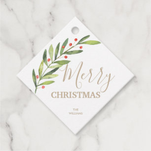 Étiquettes Cadeau Branche et baies sur le Carré de Noël Joyeux