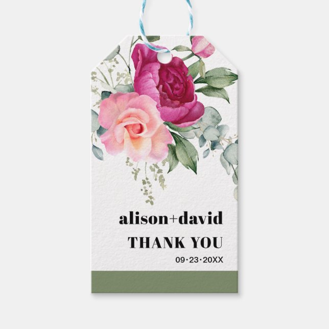 Étiquettes-cadeau Branche Eucalyptus, mariage de typographie roses (Devant)