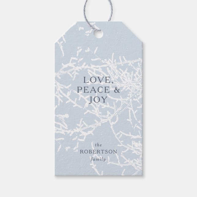 Étiquettes-cadeau Branches de neige bleu et blanc (Devant)