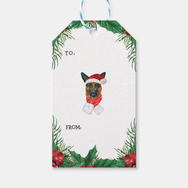Étiquettes-cadeau Branches de pins bergers allemands Noël vert (Devant)