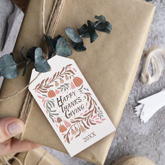 Étiquettes-cadeau Branches, feuilles et citrouilles tombent Thanksgi (Créateur téléchargé)
