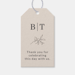 Étiquettes-cadeau Bride simple beige et Initiales de chambre Merci