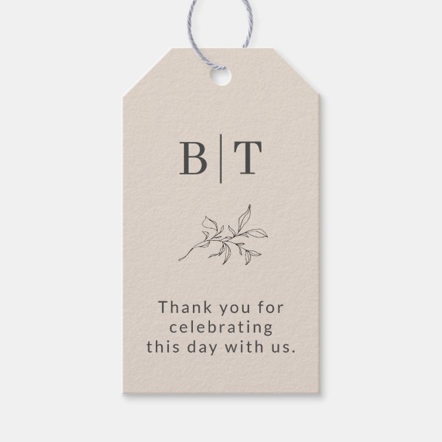 Étiquettes-cadeau Bride simple beige et Initiales de chambre Merci (Devant)