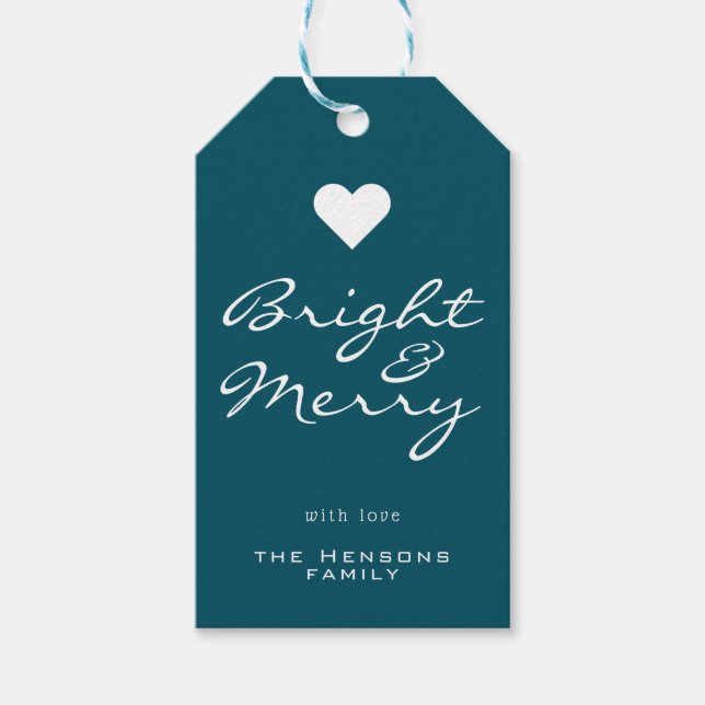 Étiquettes-cadeau Bright and Joyeux Script Bleu Nom vert Noël (Devant)