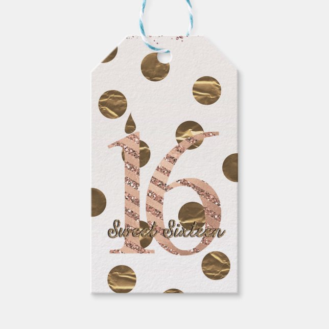 Étiquettes-cadeau Bronze Rose Pois Gold Sweet 16 Anniversaire (Devant)
