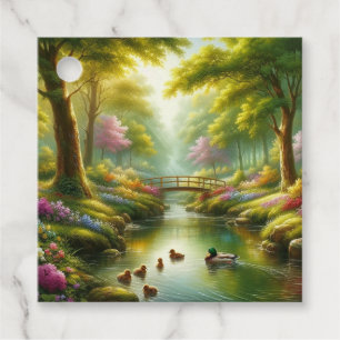Étiquettes Cadeau Brook de printemps avec canards/fleurs