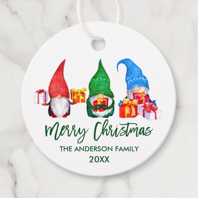 Étiquettes Cadeau Brosse Script Joyeux Noël Aquarelle Gnomes (Devant)