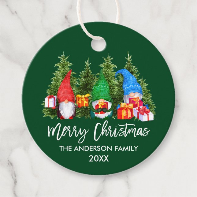 Étiquettes Cadeau Brosse Script Noël Aquarelle Gnomes Arbres (Devant)