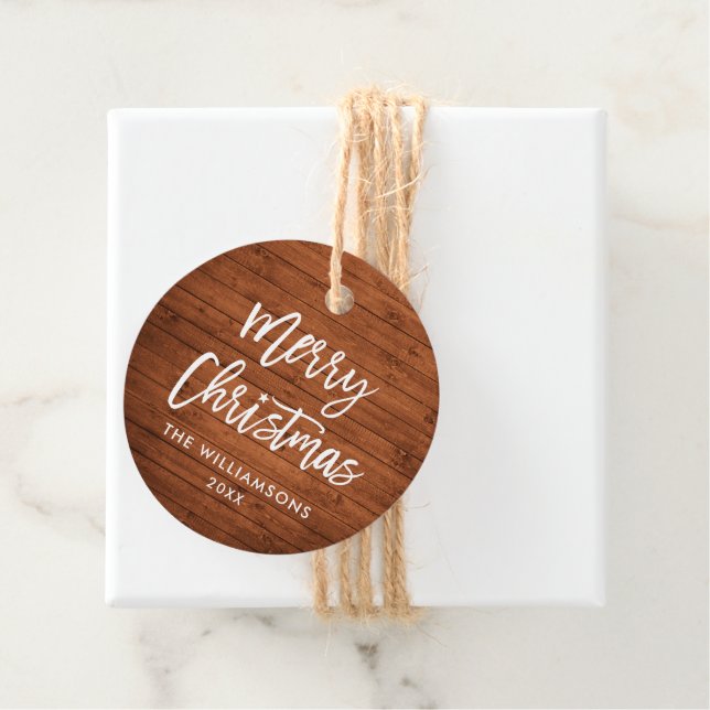 Étiquettes Cadeau Brosse Script Rustique Bois de Noël Star Twine (En situation)