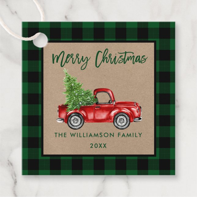 Étiquettes Cadeau Brosse Script Vert Plaid Kraft Camion de Noël (Devant)