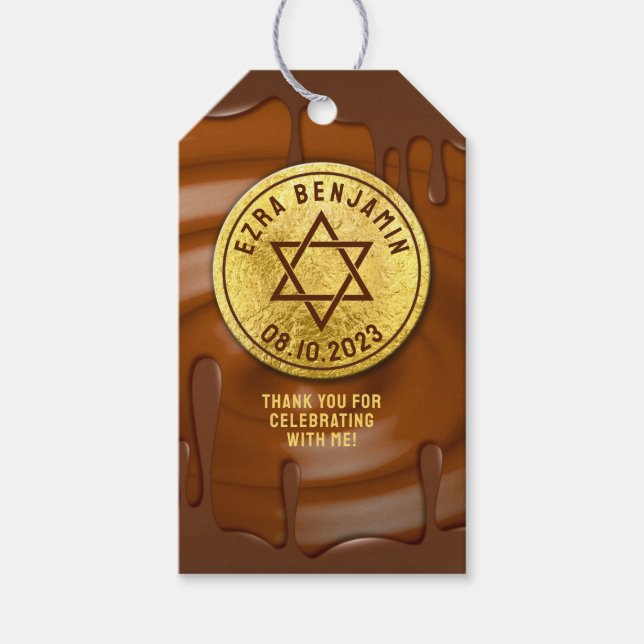 Étiquettes-cadeau Brown Gold Chocolat Bar Mitzvah ou Bat mitzvah (Devant)