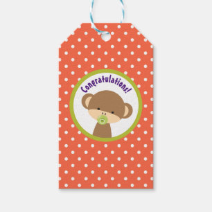 Étiquettes-cadeau Brown singe-bébé avec Pacifier Félicitations
