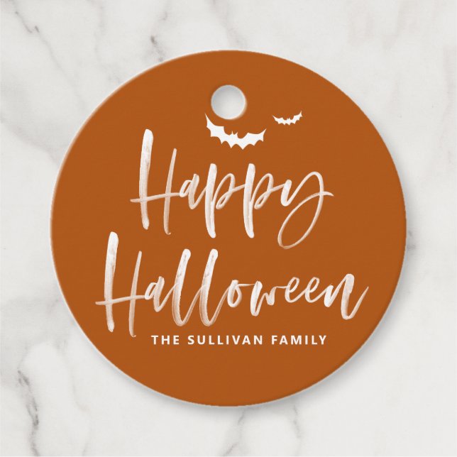 Étiquettes Cadeau Brûler Orange Joyeux Halloween Brush Calligraphie (Devant)