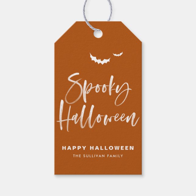 Étiquettes-cadeau Brûleur orange Éffrayant d'Halloween calligraphie (Devant)