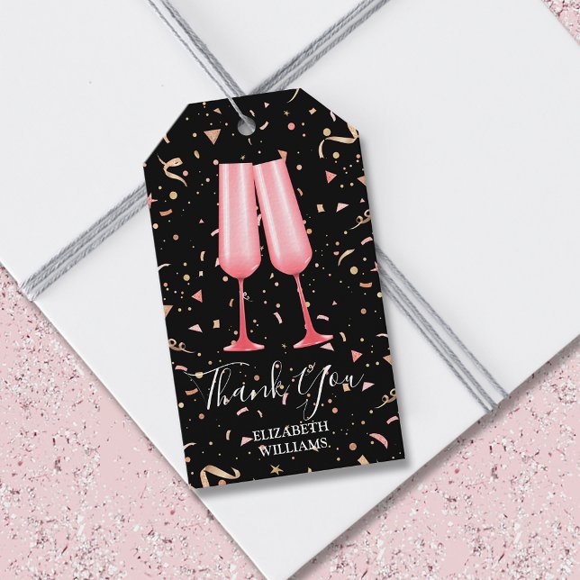 Étiquettes-cadeau Brunch Bubbly Merci Fête des mariées noir (Brunch and bubbly pink champagne glasses bridal shower black thank you gift tags)