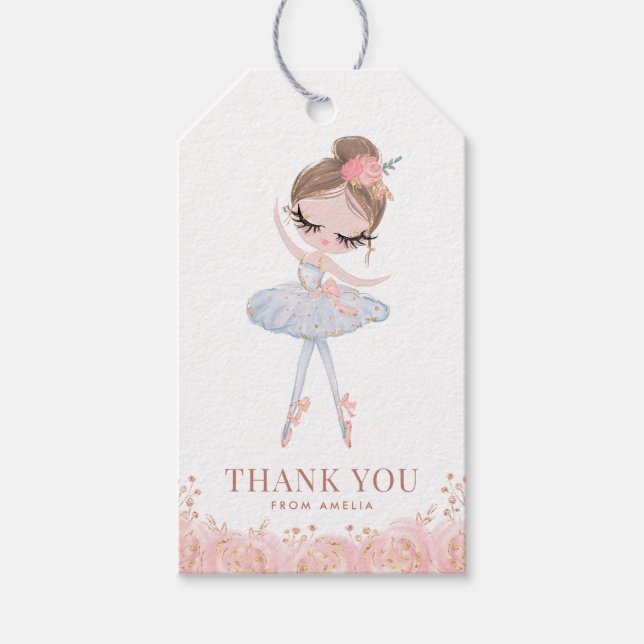 Étiquettes-cadeau Brunette Girl Ballerina en robe blanche Anniversai (Devant)