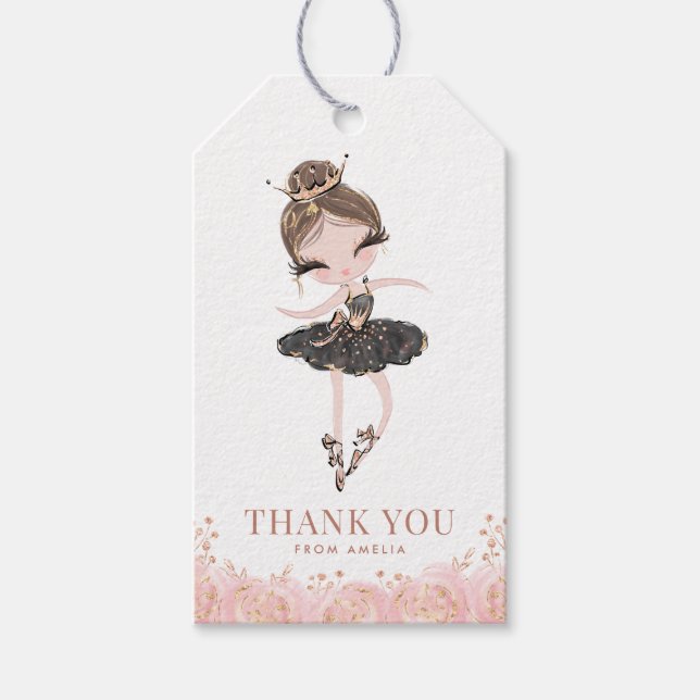 Étiquettes-cadeau Brunette Girl Ballerina en robe noire Anniversaire (Devant)