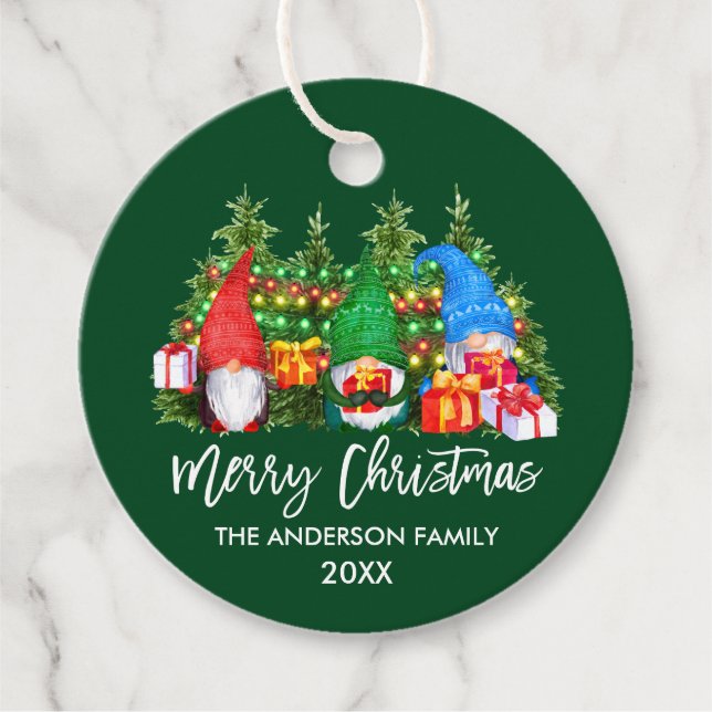 Étiquettes Cadeau Brush Script Feux de Noël Gnomes Vert (Devant)