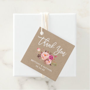 Étiquettes Cadeau Brush Script rose Mariage Floral Kraft Merci