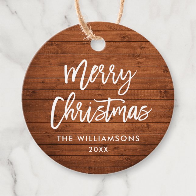 Étiquettes Cadeau Brush Script Rustique Bois Noël (Devant)
