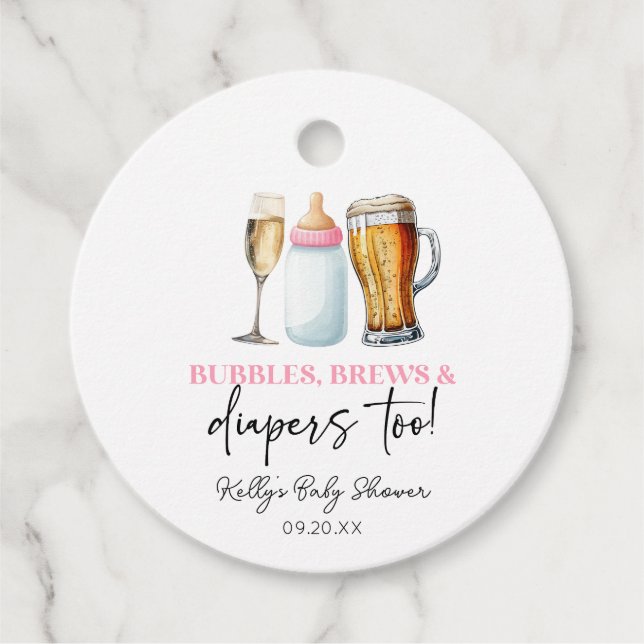 Étiquettes Cadeau Bubbles Brews et Diapers aussi! Baby shower (Devant)
