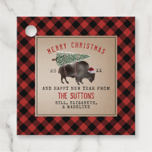 Étiquettes Cadeau Buffalo Bison Père Noël Christmas Tree Russe Plaid