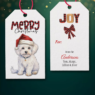 Étiquettes-cadeau Buffalo Plaid Text Maltese Chien Noël