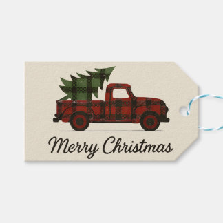 Étiquettes-cadeau Buffle Rouge à Carreaux Camion Vintage & Sapin de