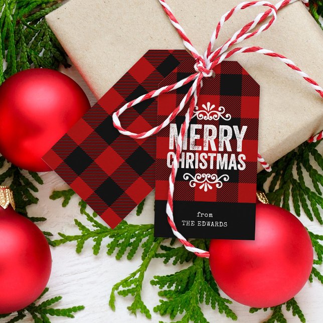 Étiquettes-cadeau Buffle rouge et noir Vérifier Noël rustique (Créateur téléchargé)