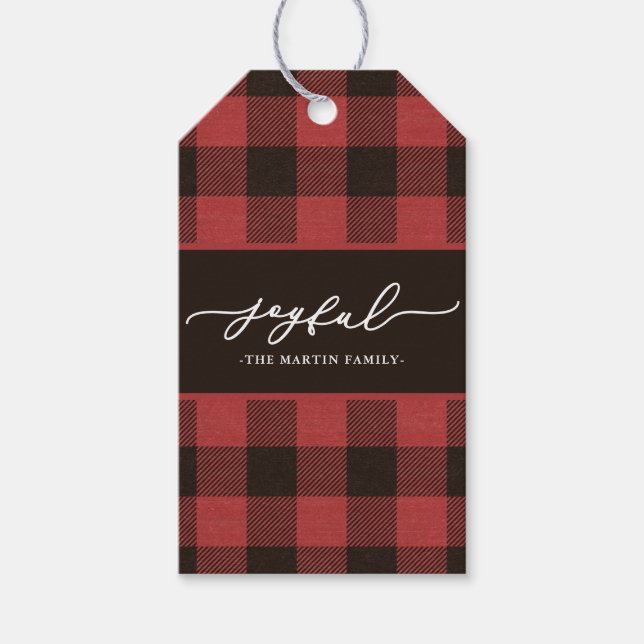 Étiquettes-cadeau Buffle rouge plaqué avec Joyeux Script Noël (Devant)