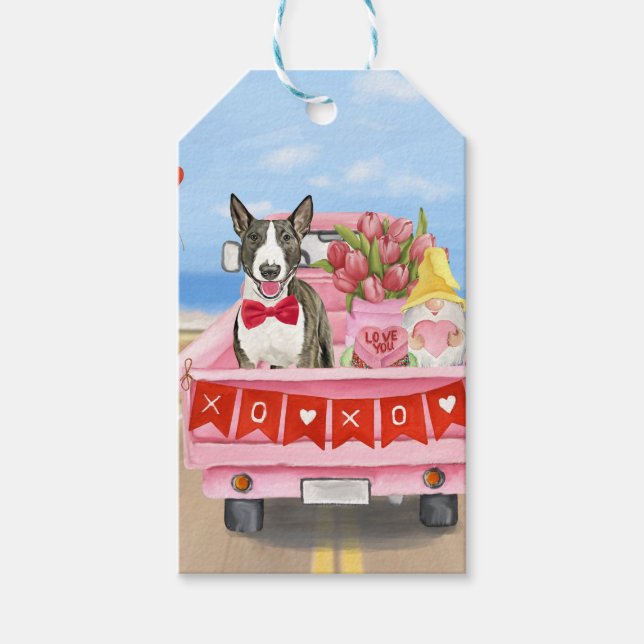 Étiquettes-cadeau Bull Terrier Chien Saint-Valentin Coeurs de camion (Devant)