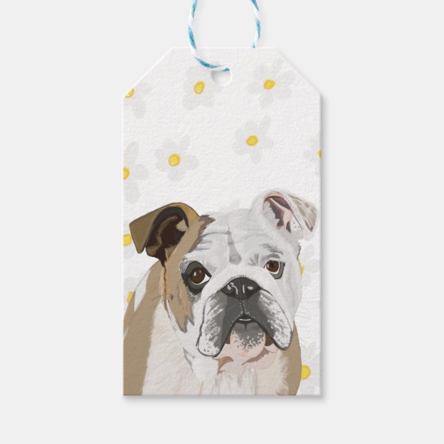Étiquettes-cadeau Bulldog anglais contre les marguerites (Devant)