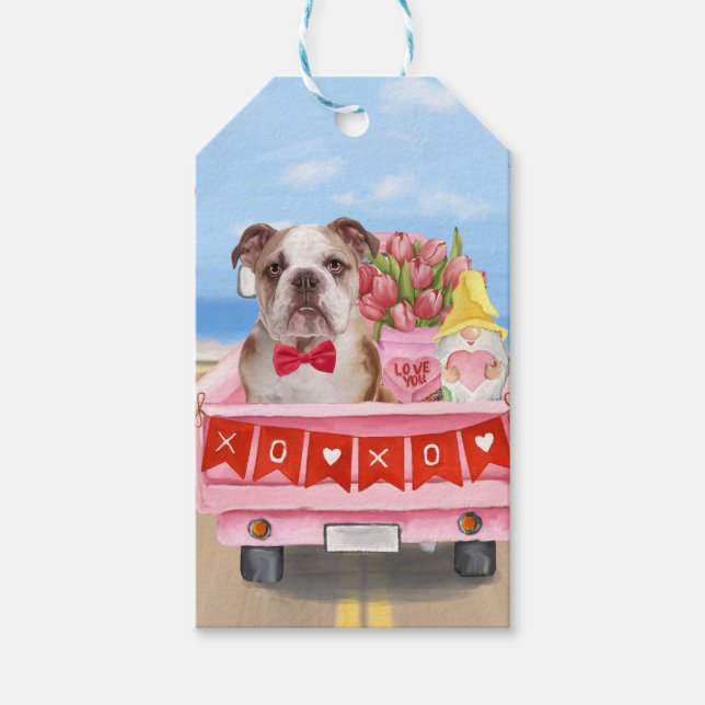 Étiquettes-cadeau Bulldog anglais Saint-Valentin Coeurs de camion (Devant)