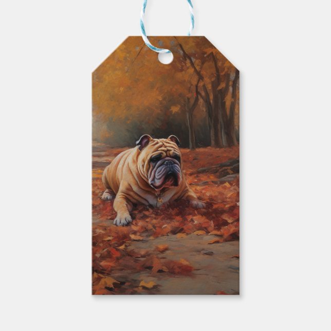 Étiquettes-cadeau Bulldog en automne Feuilles automne Inspire (Devant)