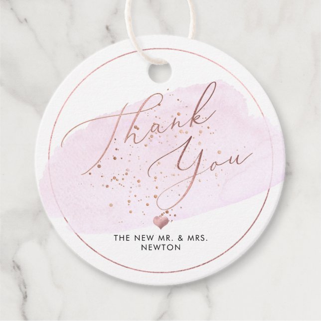 Étiquettes Cadeau Bulles de champagne rose, Merci d'aquarelle (Devant)