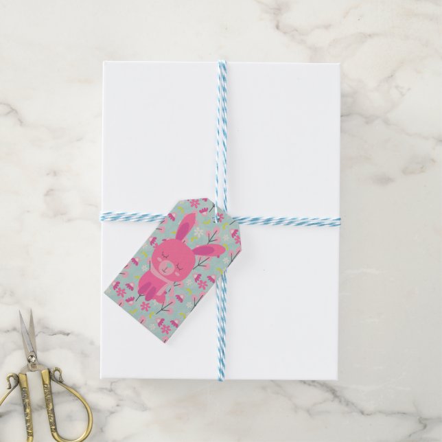 Étiquettes-cadeau Bunnies et fleurs roses (Avec de laficelle)