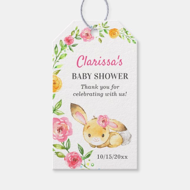 Étiquettes-cadeau Bunny Baby Girl Douche Rabbit Saupoudrer rose Flor (Devant)