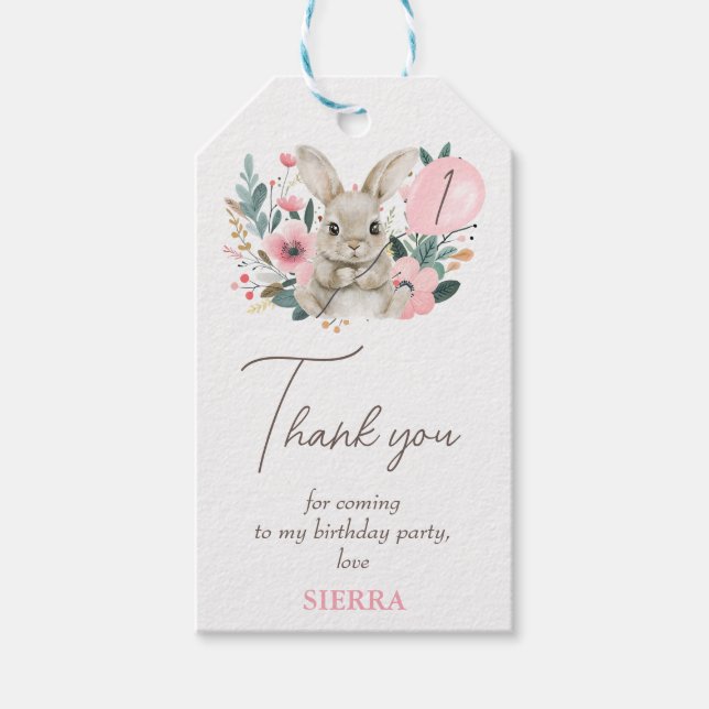 Étiquettes-cadeau Bunny rose floral Merci d'anniversaire (Devant)