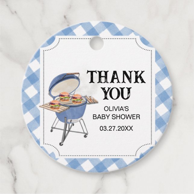 Étiquettes Cadeau Burger bleu Baby shower barbecue rond (Devant)