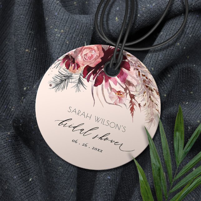 Étiquettes Cadeau Burgundy Blush Floral Pampas Grass Fête des mariée (Créateur téléchargé)
