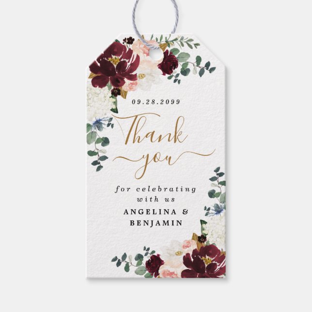 Étiquettes-cadeau Burgundy Blush Gold Floral Merci Favoriser Mariage (Devant)