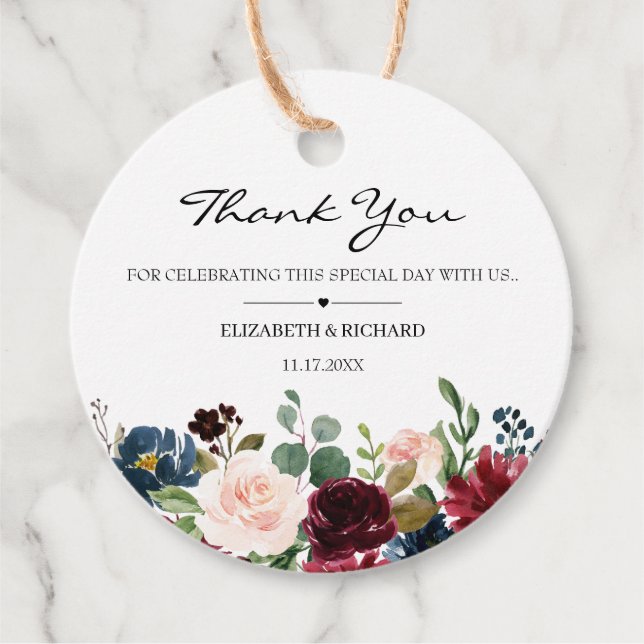 Étiquettes Cadeau Burgundy Blush Navy Floral Mariage (Devant)