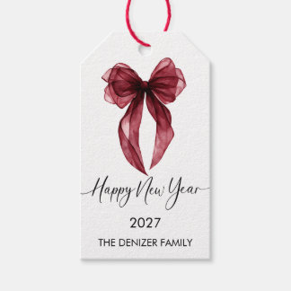 Étiquettes-cadeau Burgundy Bow Minimaliste Bonne Année 2027