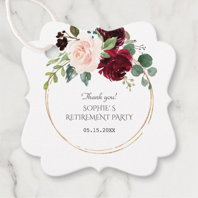 Étiquettes Cadeau Burgundy Rose Bleu Fleurs Gold Retraite (Devant)