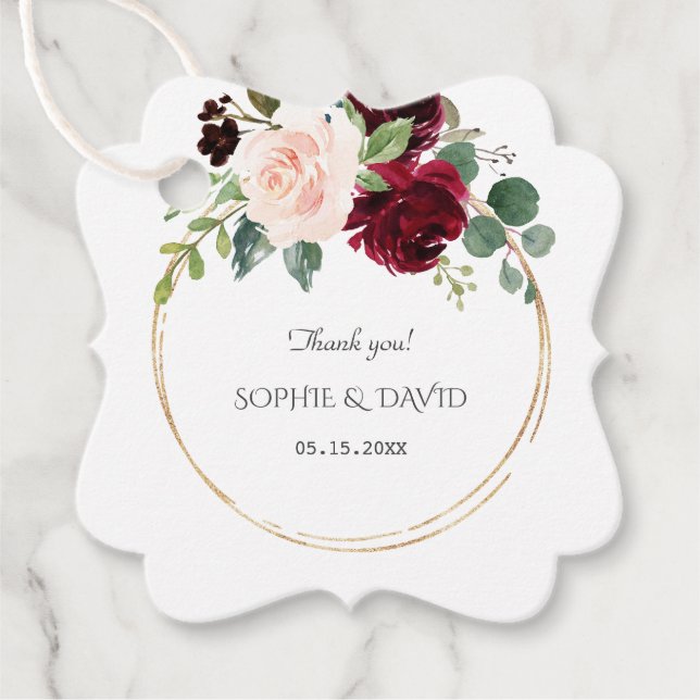 Étiquettes Cadeau Burgundy Rose Bleu Fleurs Or Mariage (Devant)