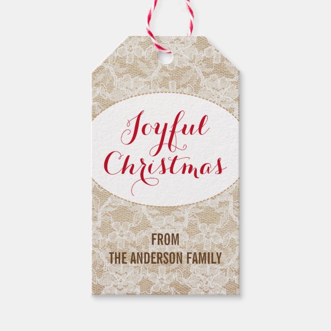 Étiquettes-cadeau Burlap and Lace, Joyeux Noël Personnalisé (Devant)