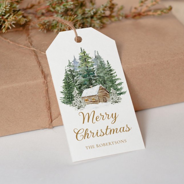 Étiquettes-cadeau Cabine d'hiver Russe Bois Aquarelle Noël (Créateur téléchargé)
