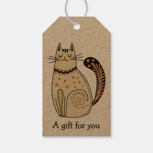 Étiquettes-cadeau Cadeau de chat d'art folklorique personnalisé pour